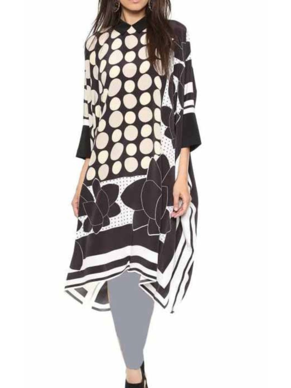 Issa London Black and White Asymmetrical Polka Dot Silk Dress Large